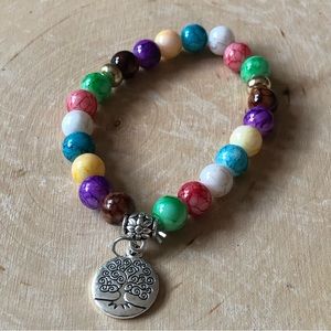 Multicolored stone bracelet with tree of life charm